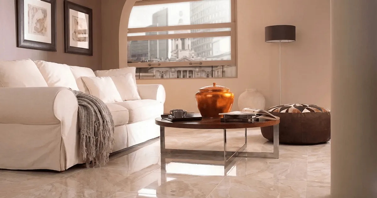 Modern living room with professionally installed marble flooring, a beige sofa, coffee table in Boise, ID